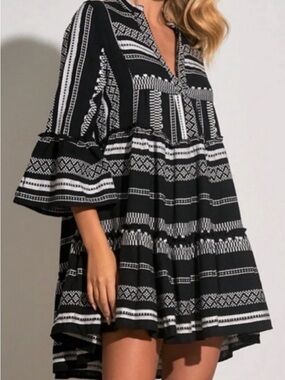 Black and White Patterned Tiered Dress
